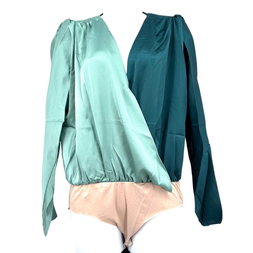 NEW Strut & Bolt Jade Green and Teal Satin Wrap Blouse BodySuit Women's Medium